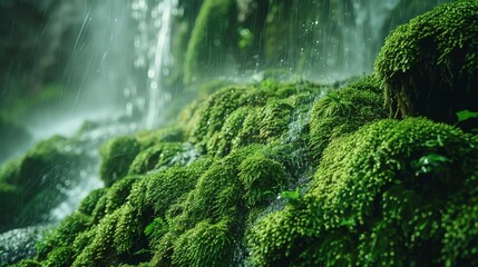 Wall Mural - Moss clings to the rocks beside the waterfall, a lush carpet of green nourished by its perpetual spray.