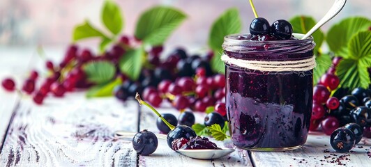 Wall Mural - Prepared homemade blackcurrant jam in a jar with a spoon on a white wooden table and a bright tablecloth background, fresh blackcurrant jam close-up