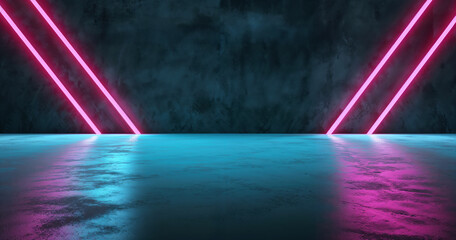 Poster - Pink neon lights are illuminating a dark empty grunge room with a blue floor