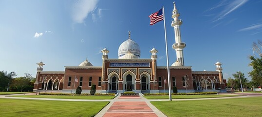 Wall Mural - Grand mosque building with America flag. Islam religion faith. 4th of July or America independence day. Generative AI technology.