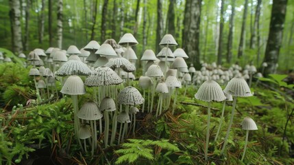 Wall Mural - Mushrooms spring up overnight, their delicate caps a testament to the forest's hidden treasures.