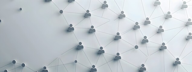 Minimalist network of interconnected people on grey background, concept for social media marketing or business technology connection web design banner with copy space.