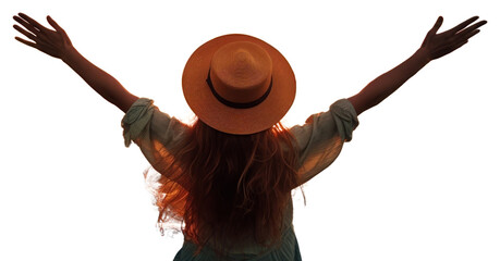 Canvas Print - PNG Happy girl wearing a hat with arms up enjoy freedom at the beach at sunset outdoors nature adult.