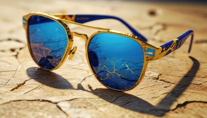 Wall Mural - Sunglasses with Blue Lenses on Wood.