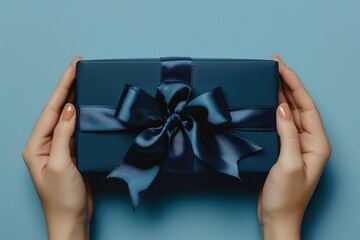 Wall Mural - Top view to young woman hands holding navy blue present gift giftbox with satin ribbon bow on light blue background. Christmas, birthday, anniversary, shopping, blue friday concept