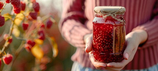 Wall Mural - Woman holding glass jar of raspberry jam, closeup