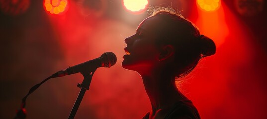 Wall Mural - Silhouette of woman singer. Music concert show performance. Generative AI technology.	
