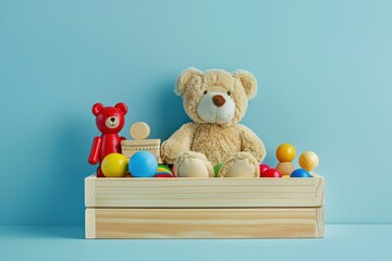 Sticker - Toy box full of baby kid toys. Container with teddy bear, fluffy and educational wooden toys on light blue background. Cute toys collection for small children. Front view