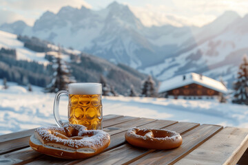 Wall Mural - Beer and Pretzel Against Mountain Backdrop