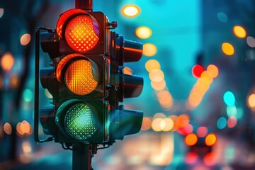 Sticker - Traffic light sign in the city by night. Green, red, orange traffic light with blurred city on the background in the evening. close up, transport concept