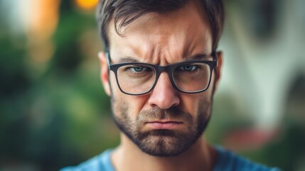 Man in spectacle angry unsatisfied disappointed hatred glare at camera Caucasian beard male close up shot