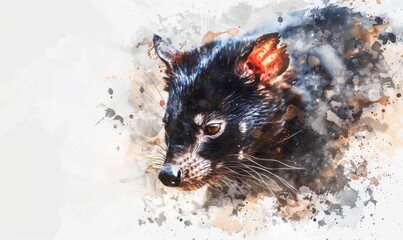 Wall Mural - Captivating watercolor portrayal of a Tasmanian devil, set against a white canvas. This imaginative wildlife artwork fuses abstract brushwork