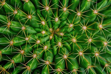 Wall Mural - Closeup of cactus texture, sharp thorns on green background