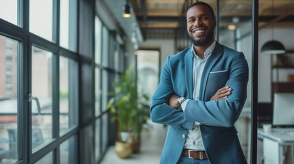 Portrait of businessman cross hands beautiful smile in office corridor African American in suit next to window