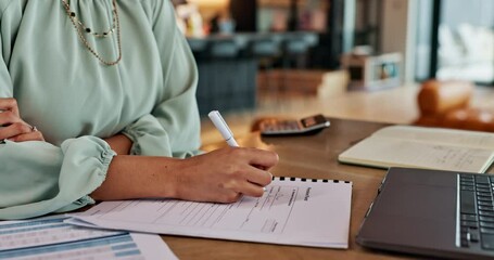 Wall Mural - Woman, writing and paperwork with laptop at house for budget planning, financial account and pension fund. Person, documents and investment application, asset management and future insurance growth