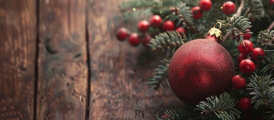 Wall Mural - Close-up view of a Christmas decoration against a wooden backdrop with copy space image.