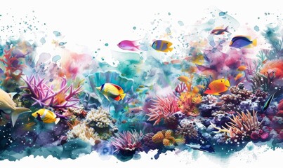 Wall Mural - Colorful Fish Swimming Through Vibrant Coral Reef in Sunlight Digital illustration, white background