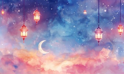Wall Mural - Colorful Islamic-themed sky at dusk with crescent moon, stars, lanterns, and clouds. Perfect for festive and spiritual settings. Eid mubarak 