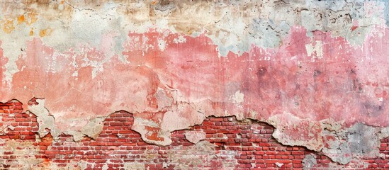 Poster - An aged, empty brick wall with a distressed, grungy red stonewall background offers a shabby building facade with damaged plaster, perfect for an abstract web banner with copy space image.