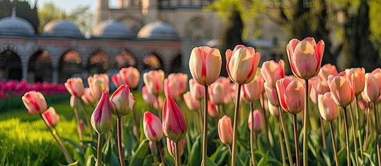 Aufkleber - Beautiful tulips bloom in the Topkapi Palace garden, creating a stunning display perfect for a copy space image.