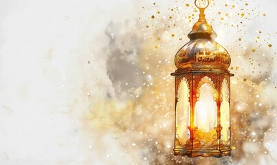 Wall Mural - Decorative Arabic lantern with sparkling gold lights. Festive greeting card, invitation to the Muslim holy month of Ramadan Kareem. 