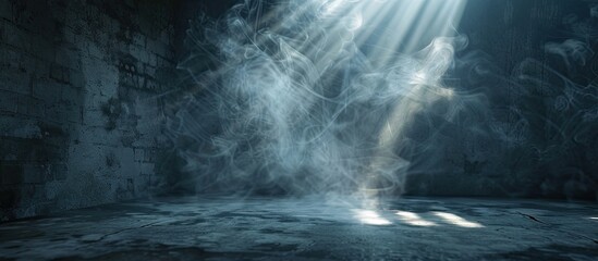 Poster - Empty dark room setting with smoke, rays, and glow on walls, perfect for a copy space image.