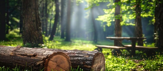 Fototapete - Close-up of wooden logs with one in the grass, accompanied by a wooden table and bench in a forest setting, with wood featured as background and texture in the copy space image.