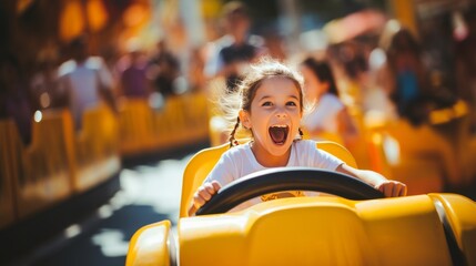 Excited young girls on rollercoaster at amusement park, enjoying thrill and laughter