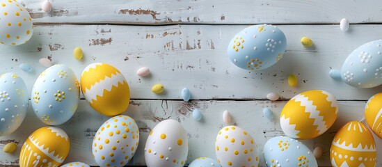 Wall Mural - Easter eggs arranged on a light wooden backdrop with copy space image.