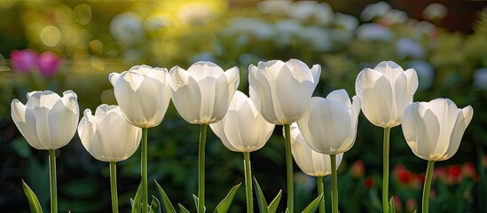 Aufkleber - Beautiful white tulips in a spring setting with a background suitable for adding text or images. image with copy space