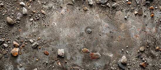 Fototapete - An aged, gritty gray concrete surface adorned with various small colored pebbles and soil, creating an abstract textured brown backdrop with ample copy space image.