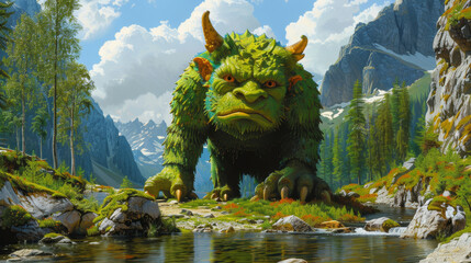 A large green horned creature with orange eyes stands in a mountainous forest landscape by a stream, surrounded by lush greenery and rocky terrain under a blue sky with clouds