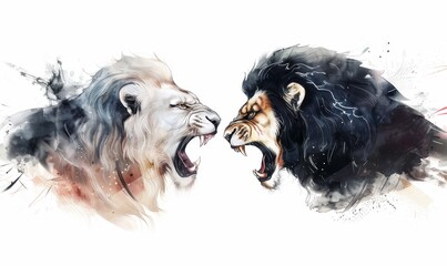 Wall Mural - Duality versus concept art. Two lions facing each other in attack roar expression. White lion versus black lion. Conflict. Good and evil. 