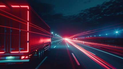 Poster - Trucks on highway, street in night time. Motion blur, light trails. Transportation, logistic. Timelapse, hyperlapse of transportation. Abstract soft glowing lines