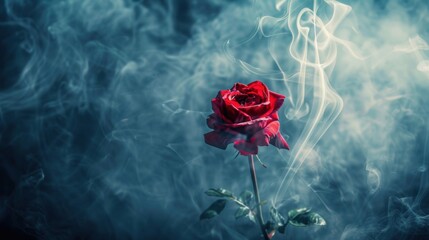 Wall Mural - A single red rose stands out against a dark, mystical background filled with swirling smoke and ethereal light.