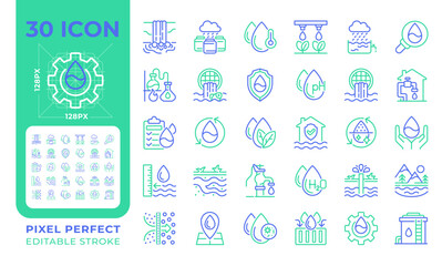 Sticker - Water management two color line icons set. Water industry. Groundwater. Rainwater collection. Water conservation bicolor outline iconset isolated. Duotone pictograms thin linear. Editable stroke