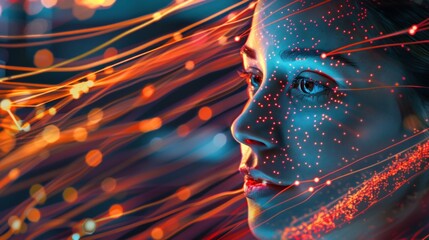 Woman's face surrounded by streaming data in the form of light trails in image about future technology artificial intelligence and network connection