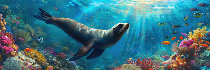 Vibrant Underwater Close-Up of a  Sea Lion Swimming Among Colorful Coral Reefs and Tropical Fish.
