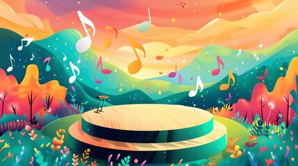 Wall Mural - Colorful Music Background with Wooden Platform.