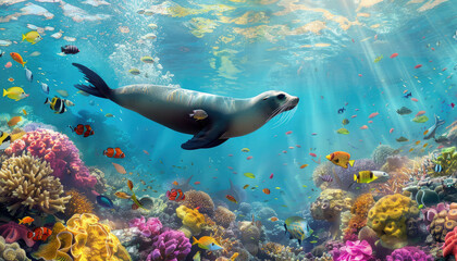 Vibrant Underwater Close-Up of a  Sea Lion Swimming Among Colorful Coral Reefs and Tropical Fish.
