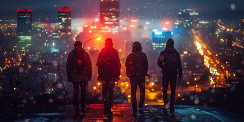 A group walks at night, silhouetted against illuminated foggy urban street in a blizzard.