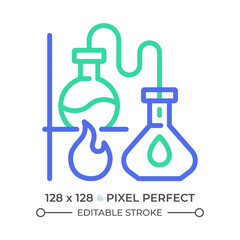 Canvas Print - Distillation two color line icon. Chemistry lab. Boiling flask. Chemical experiment. Separation process bicolor outline symbol. Duotone linear pictogram. Isolated illustration. Editable stroke