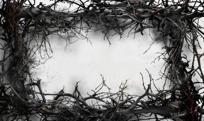 Wall Mural - Gothic dark fantasy backdrop framed by dry branches, thorns, ivy. Old worn black grunge background bordered with horror dry branches and thorns. 