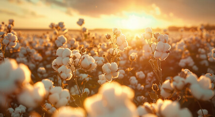 Wall Mural - A field of cotton burlap, with the sun setting in the background. The scene captures the beauty and abundance of nature as well-lit cotton blooms stand tall amidst an expansive field under warm sunlig