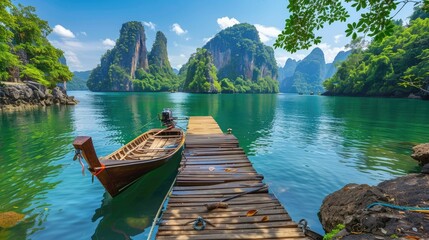 Sticker - Nature scenic landscape Phang-Nga bay with wooden boat moored on pier. Tourism destination scenery Asia Phuket Thailand. Summer holiday vacation trip