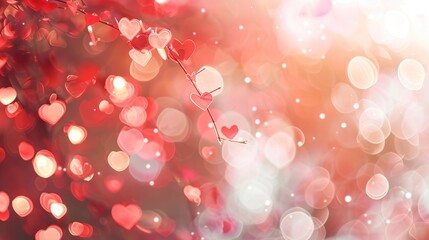 Canvas Print - Valentines day background. Blurred heart shape bokeh background in white, red, peach fuzz colors