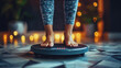© tashechka - Close-up of a person's feet balancing on a vibration plate with a cozy, illuminated home setting in the background.