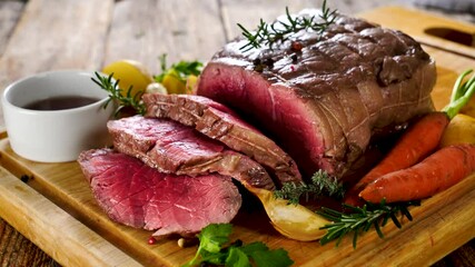 Wall Mural - roast beef and sauce on wooden board