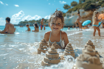 Wall Mural - A joyful girl enjoys summer by the sea, laughing and playing in the turquoise waters