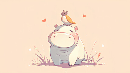 Sticker - happy little hippo with a bird on its head illustration